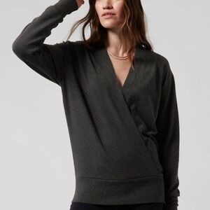 Athleta Purana V-Neck Wrap Sweatshirt, Black Heather. Size LARGE